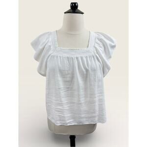 Calligraphe White Square Neck Flutter Sleeve Top, Size L
